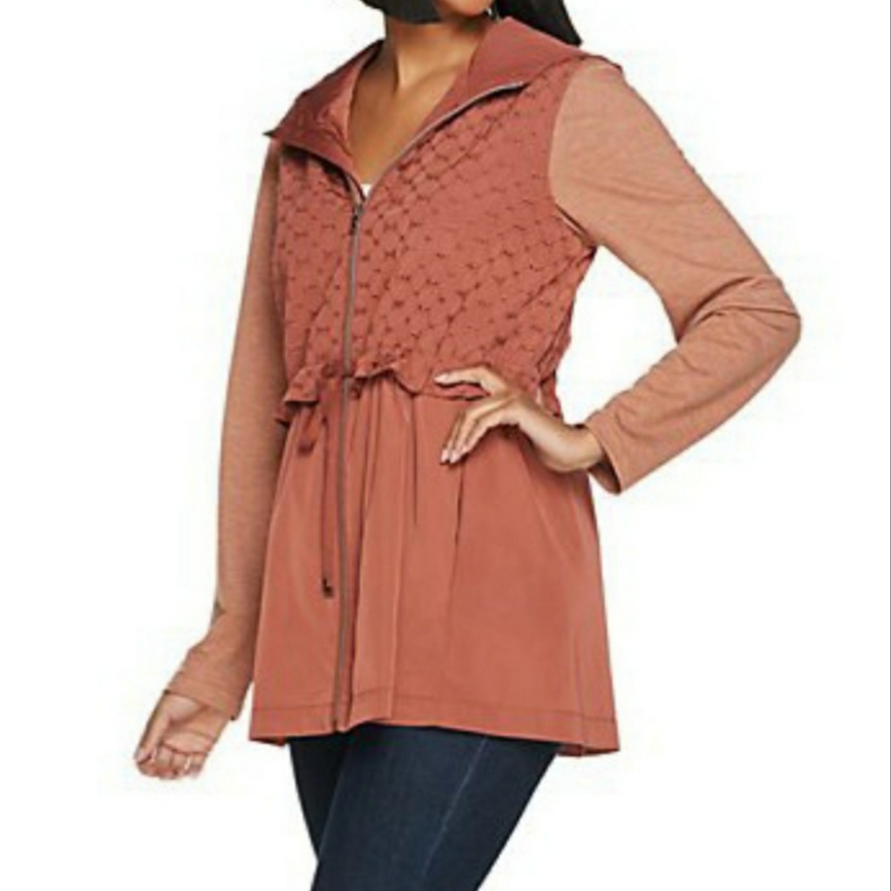 LOGO Lori Goldstein Embroidered Zip Front Hooded Jacket Drawstring Waist